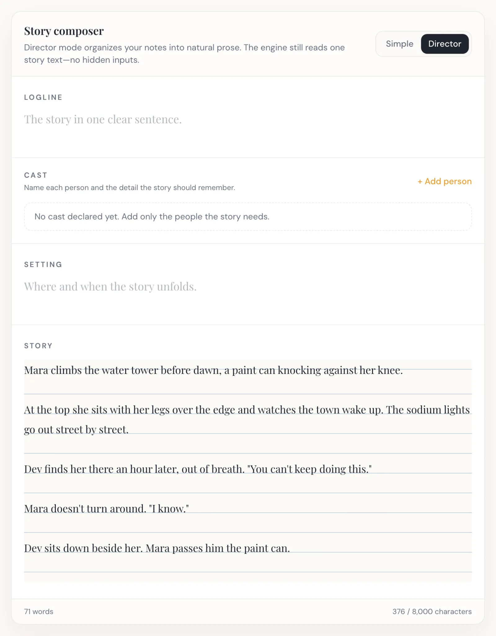 Director mode selected on the same toggle: separate labelled sections for a logline, named cast members with descriptions, the setting, and the story text.