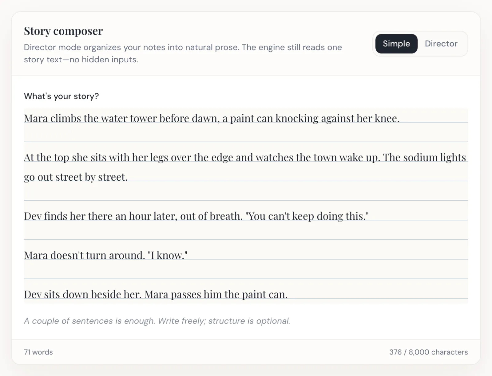 Simple mode selected on the composer toggle: one story field holding the whole story as prose.