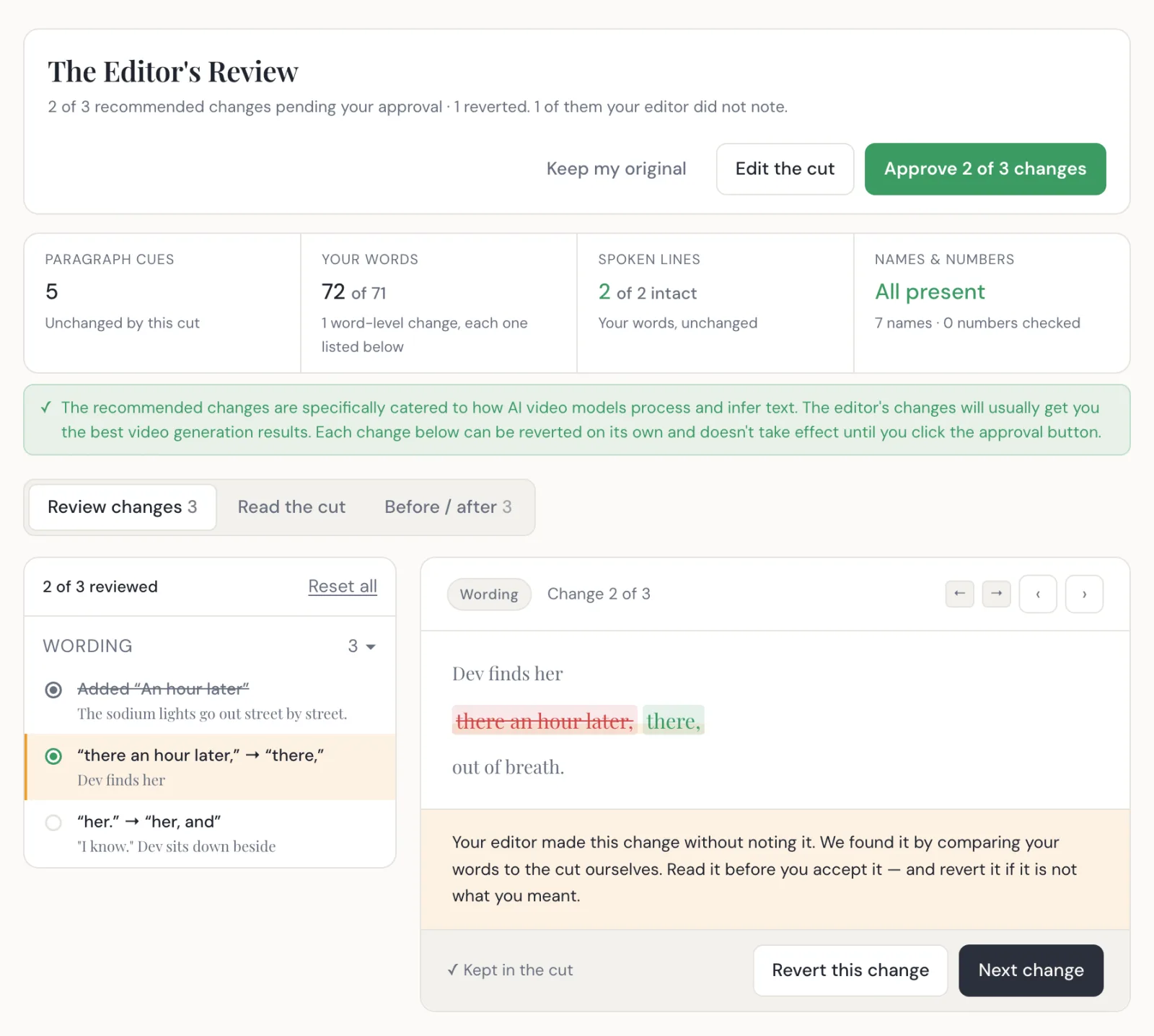The editor review step: the edited story on one side, and each individual change on its own card with what it changed and why, a button to revert just that change, and an approve button counting only the changes still kept.