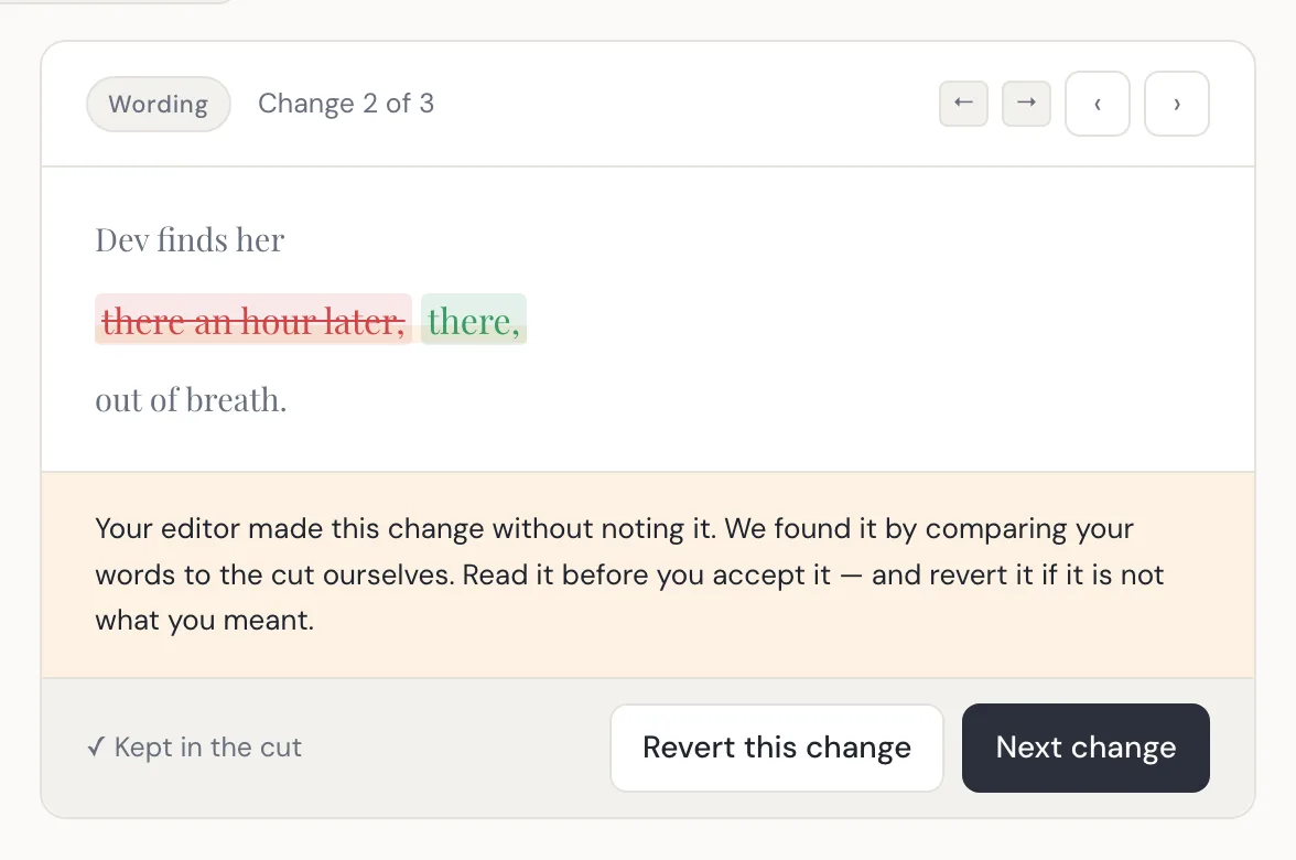 A change card flagged as undisclosed, explaining that the editor made this change without noting it and that StoryDirector found it by comparing the original words against the returned cut — with the same revert control as any other change.