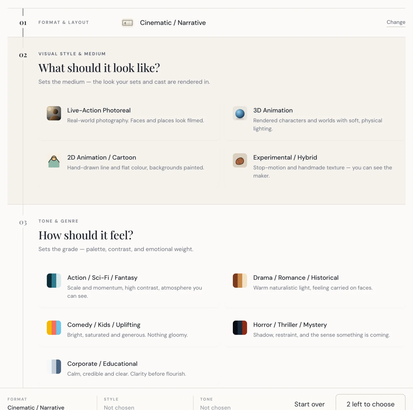 The creative intent page headed "Start with intent." The first question, Format and Layout, has collapsed to a one-line summary of the answer given; the second, Visual Style and Medium, is open below it with its four medium choices laid out as cards; the third is still to come.